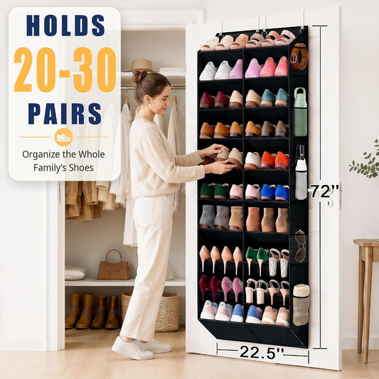 UVIAHOMI 20-30 Pairs Over the Door Shoe Organizer with Side Mesh Pockets, 10-Tier Hanging Shoe Storage for Closet, Breathable Door Shoe Rack Holds Sneakers, Boots, Heels & Daily Essentials, Black
