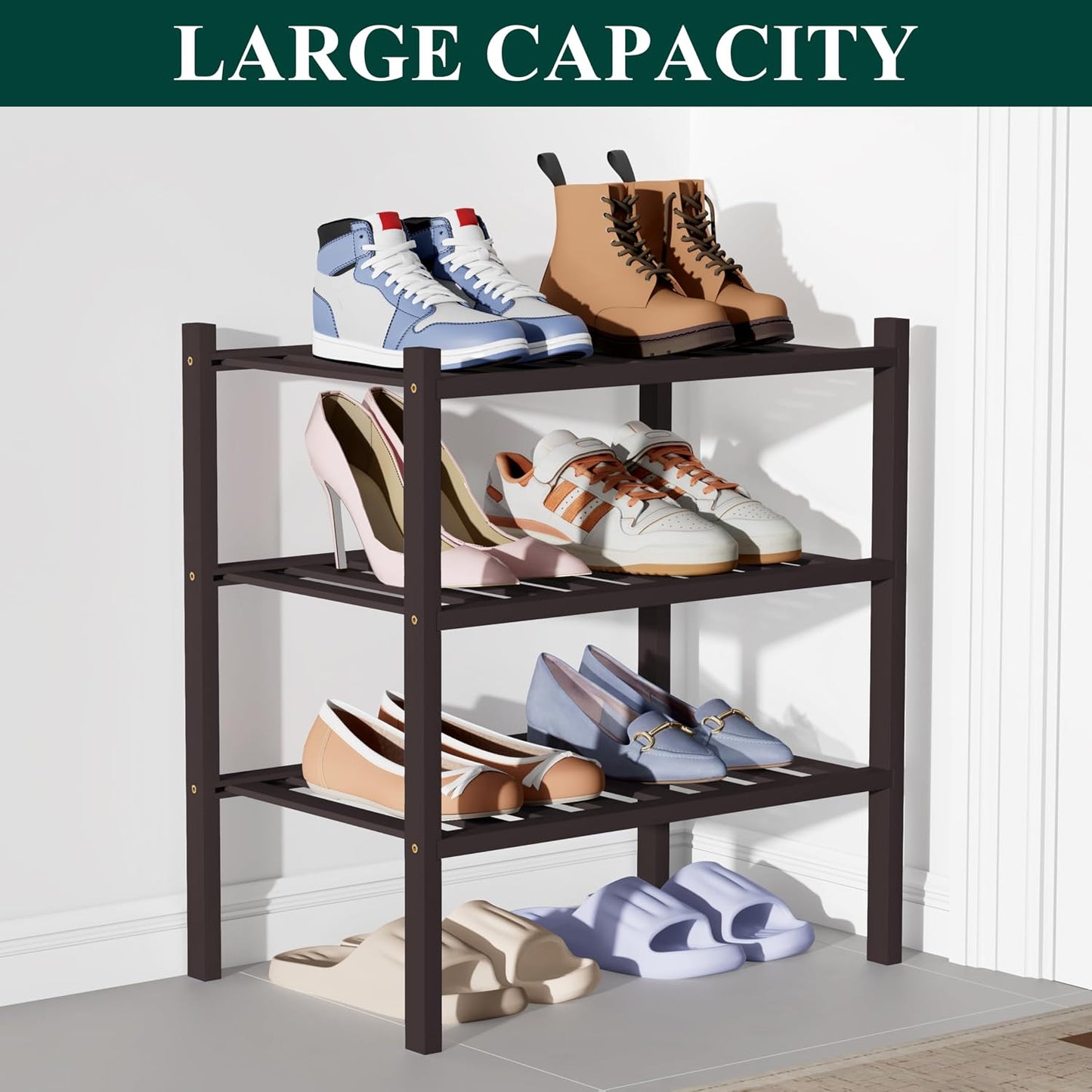 Smiry Bamboo Shoe Rack for Closet, 3 Tier Wooden Shoe Organizer, Stackable Wood Shoe Storage Shelf for Entryway, 14 Vertical Slats, One-piece Heavy-Duty Legs, 26.77"x11.02"x18.31", Natural