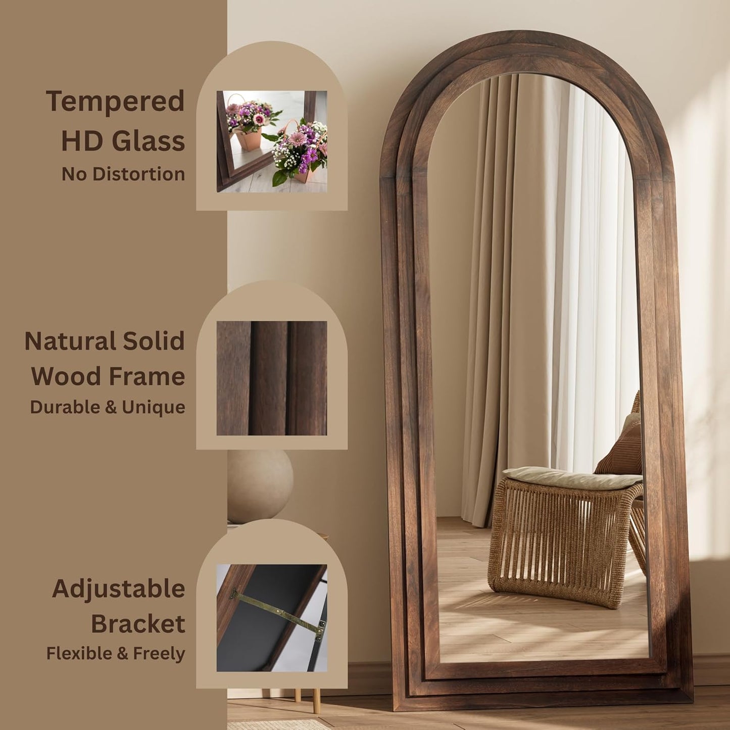 PERFNIQUE Arched Full Length Mirror with Solid Wood Frame, 71"x32" Rustic Farmhouse Wall Mounted Floor Mirror with Stand, Vertical Hanging, Leaning Standing for Bedroom, Living Room & Entryway