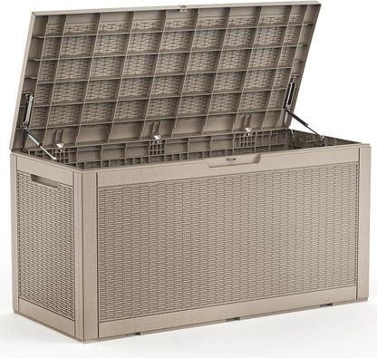 ROJIK 340 Gallon Deck Box Outdoor Waterproof,Weatherproof Outdoor Storage Boxes Lockable with Lid,Outside Resin Storage Bench for Patio Cushions,Garden Tools and Pool Accessories(Black)