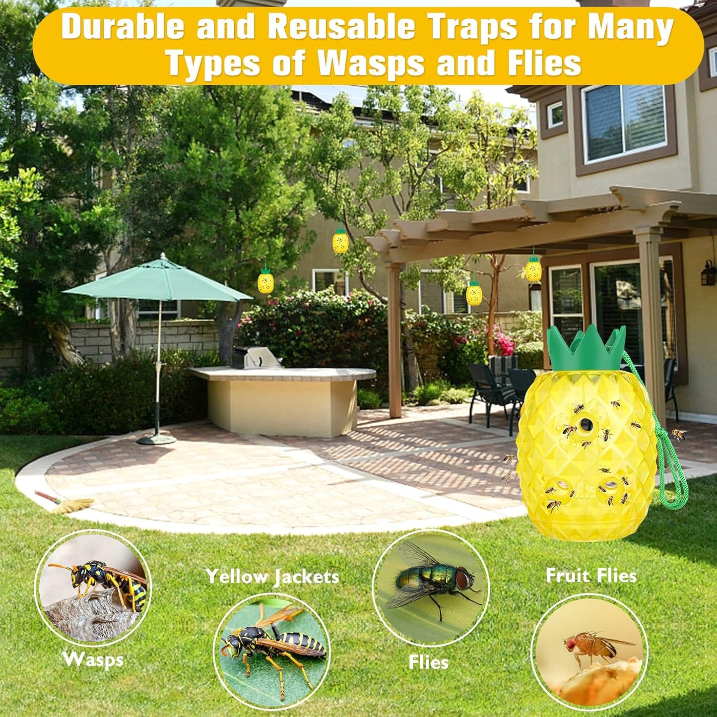 Wasp Trap, Yellow Jacket & Hornet Catcher for Outdoors, Reusable Hanging Wasp Catcher Traps, 2 Pack, Yellow - Pineapple Shape