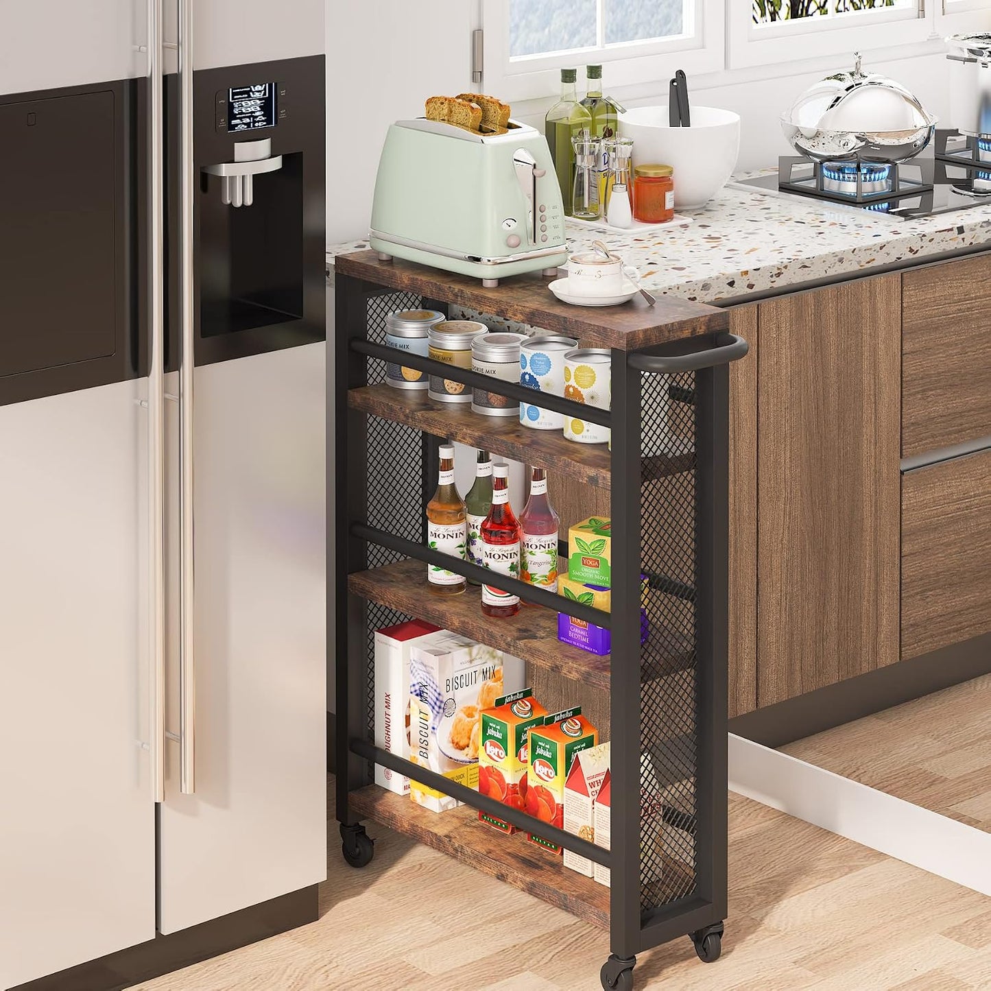 Tribesigns Slim Storage Cart,Narrow Rolling Carts with Wheels,Utility Cart for Small Spaces,4-Tier Metal Frame Trolley Cart with Handle for Kitchen,Laundry, Living Room