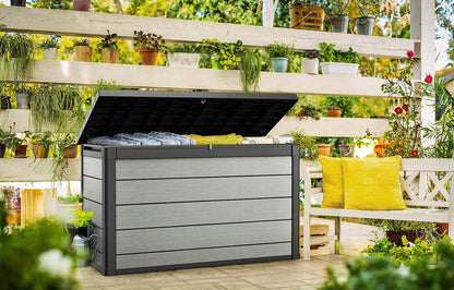 Keter Denali 200 Gallon Resin Large Deck Box with Double Wall 20mm Panels - Paintable and Drillable-Organization and Storage for Patio Furniture and Outdoor Items, Grey & Black