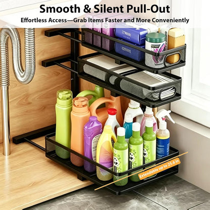 2 Pack Under Sink Organizer, 3-Tier Pull Out Kitchen Cabinet Organizer with 5 Adjustable Heights Metal Slide Out Bathroom Storage Makeup Drawer Rack for Bedroom Office Pantry Home Organization, White