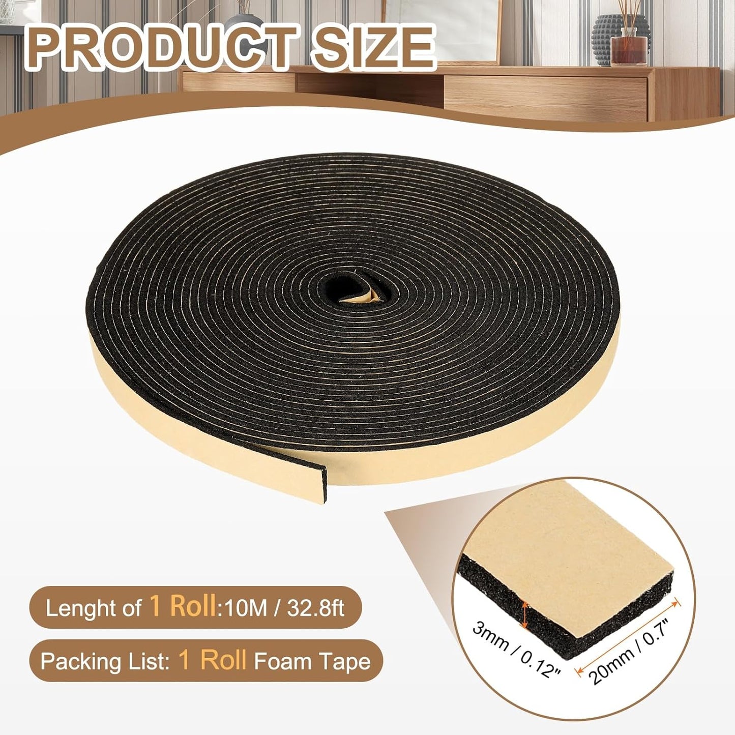 PATIKIL Foam Insulation Tape, 1-1/2" W x 1/8" t x 32.8FT Self Adhesive Weather Stripping Door Seal Strip for Door Window Air Conditioning, Black - Colors A