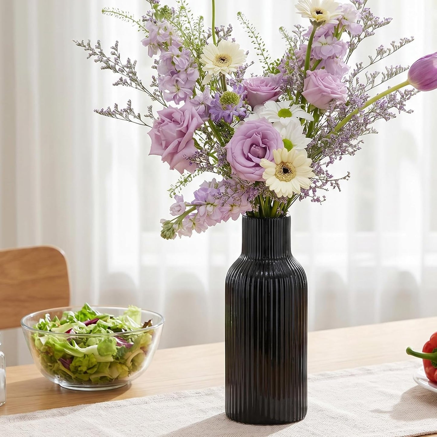 White Ceramic Flower Vases Set of 3, Modern Matte Vertical Ribbed, Nordic Minimalist Decor for Pampas, Dried & Fresh Flowers, Centerpiece for Living Room, Shelf, Entryway, Wedding,Office