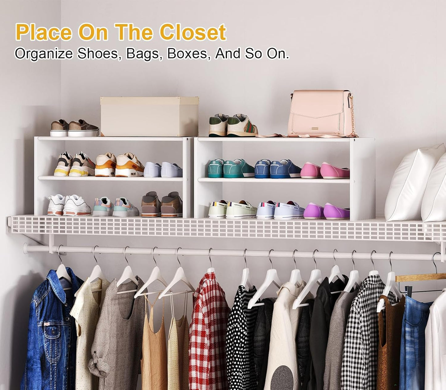 Cidaziya 2 Tier Small White Shoe Rack for Closet, Stackable Shoe Shelf Organizer for 9-12 Pairs of Shoes, Portable Wood and Cloth Structure, Small Shoe Storage Organizer, Size 28.5"* 11" * 13"