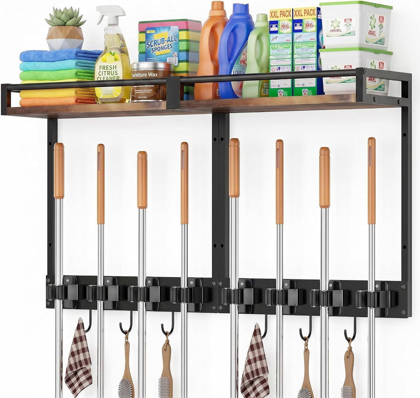 Broom Holder Wall Mount with Shelf Load 66LBS Broom and Mop Organizer Wall Hanging Broom Hanger with 4 Mop Hanger Grippers, 3 Hooks for Laundry Room, Garage, Utility Closet, Kitchen, 1 Pack