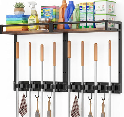 Broom Holder Wall Mount with Shelf Load 66LBS Broom and Mop Organizer Wall Hanging Broom Hanger with 4 Mop Hanger Grippers, 3 Hooks for Laundry Room, Garage, Utility Closet, Kitchen, 1 Pack