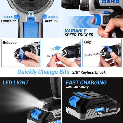 Cordless Drill Tool Kit Set: 20V Power Drill Tool Box with Battery Electric Drill Driver for Men Home Hand Repair Basic Toolbox Tools Sets Drills Case