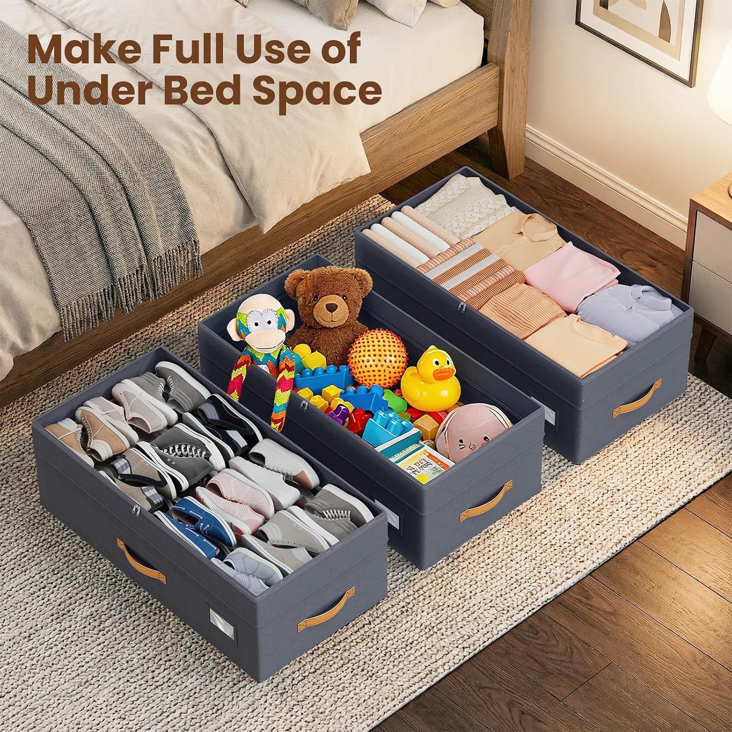 Budding Joy 80L 2 Pack Adjustable Under Bed Storage with Wheels | Underbed containers with clear lids, rolling under bed shoe storage organizer for dorm home clothes, blankets, toys, black