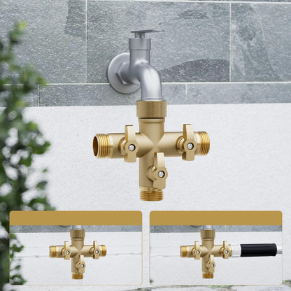 Hose Splitter Solid Brass 3 Way + Type Outdoor Faucet and Water Spigot Connector with Shut-Off Valves, 4 Extra Silicone Washers Included