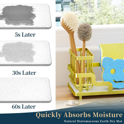 Consumest Sponge Holder for Kitchen Sink - Sink Caddy Organizer with Water Absorbing Stone Tray, Detachable Brush Holder, Stainless Steel Kitchen Counter Organizer Rack, Black