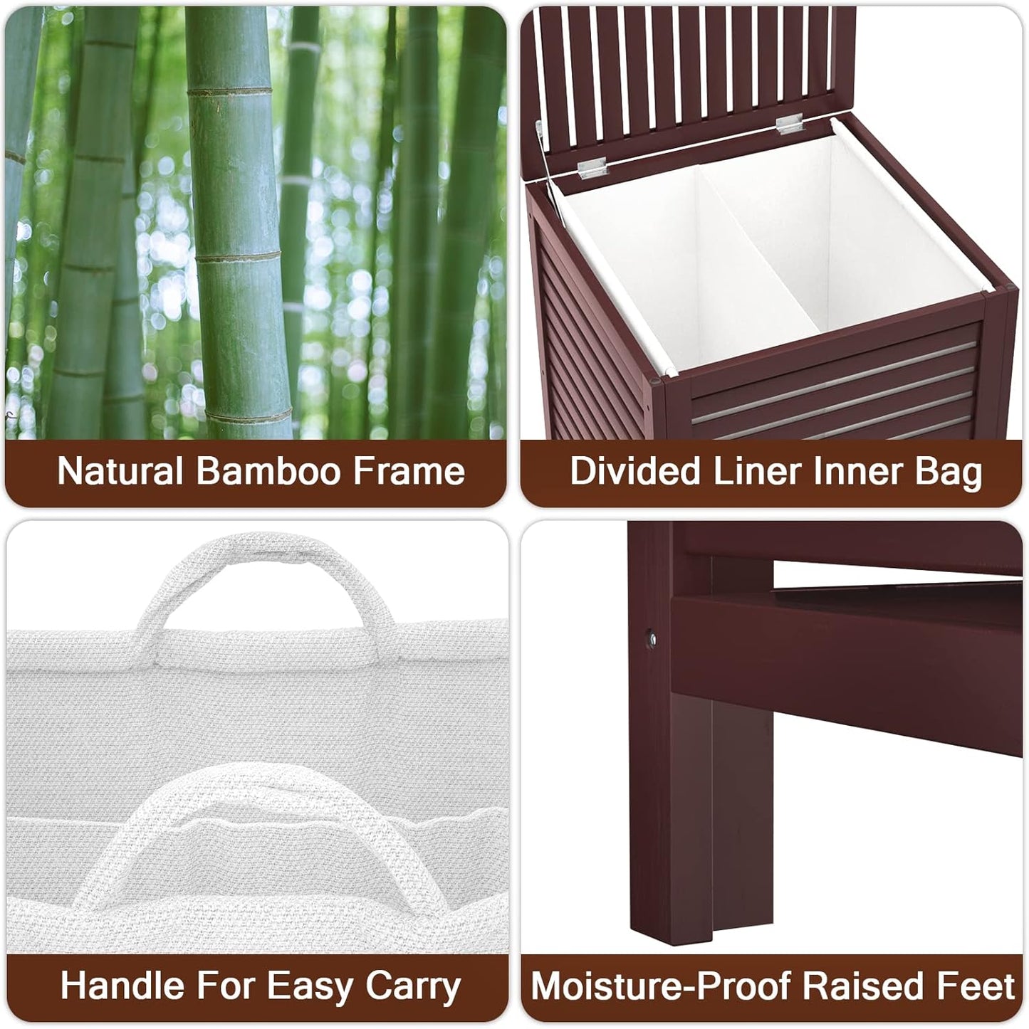 Homykic Bamboo Laundry Hamper with Lid, 120L Large Clothes Laundry Sorter with Removable 2-Section Liner Bag, Raised Laundry Basket Organizer for Clothing, Bathroom, Bedroom, Laundry Room, Natural