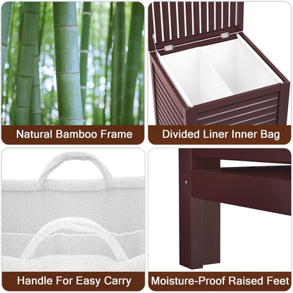 Homykic Bamboo Laundry Hamper with Lid, 120L Large Clothes Laundry Sorter with Removable 2-Section Liner Bag, Raised Laundry Basket Organizer for Clothing, Bathroom, Bedroom, Laundry Room, Natural