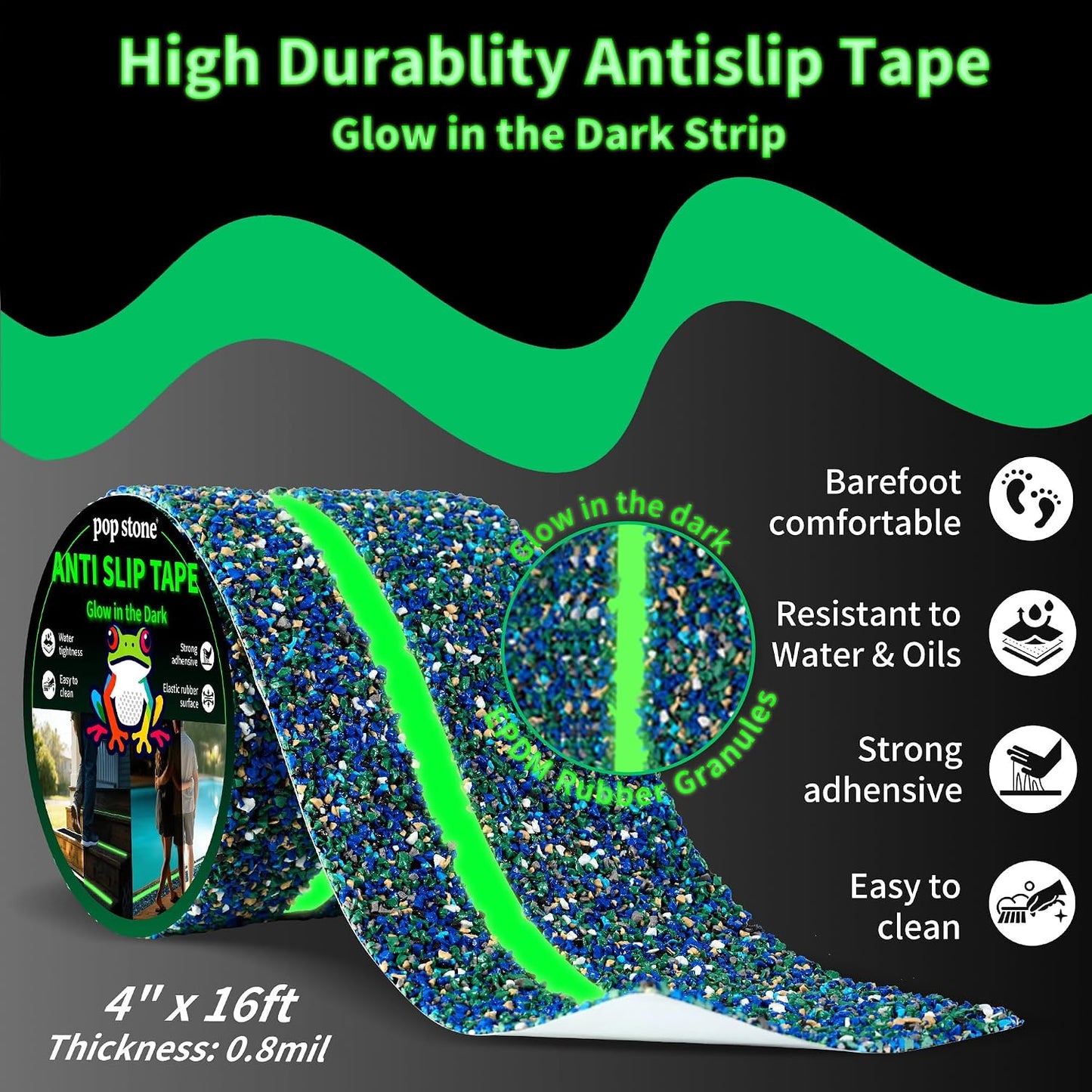 Waterproof Anti-Slip Traction Tape | 2" x16.5 FT | Heavy-Duty EPDM Rubber, Strong Grip & Barefoot Gentle | Indoor & Outdoor Solution: Poolside, Bath, Ramps, Stairs, Board Steps