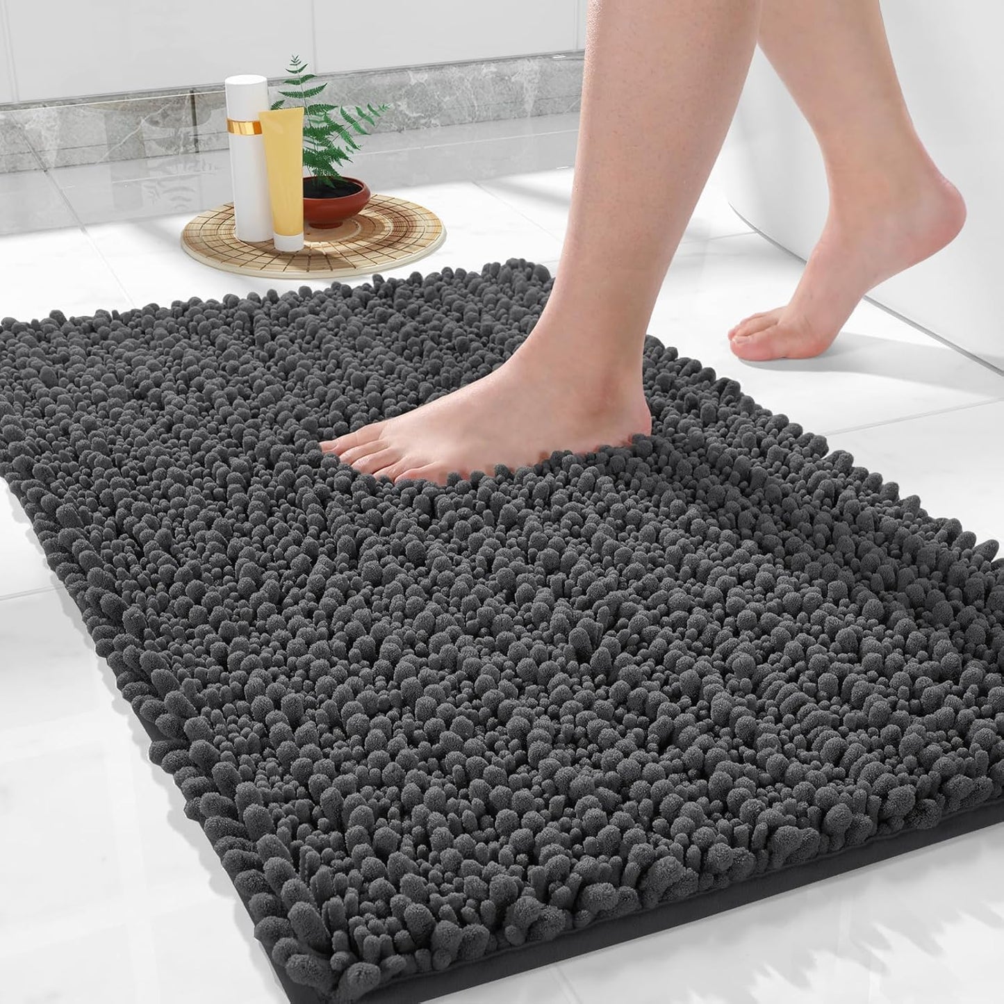 Yimobra Bathroom Rugs Non Slip Washable - Ultra Soft Absorbent Chenille Bath Mat, Quick Dry Shaggy Floor Carpet for Tub Shower, Gray Home Decor Accessories, 24x17 Inch
