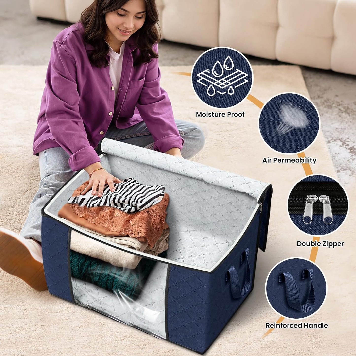 Fab totes 6 Pack Storage Bags for Clothes and Blanket, Foldable Closet Organizers and Storage with Zippers, Clear Window and Handles, Fabric Storage Bins for Sweater, Comforter, Bedding,Linen Sheets