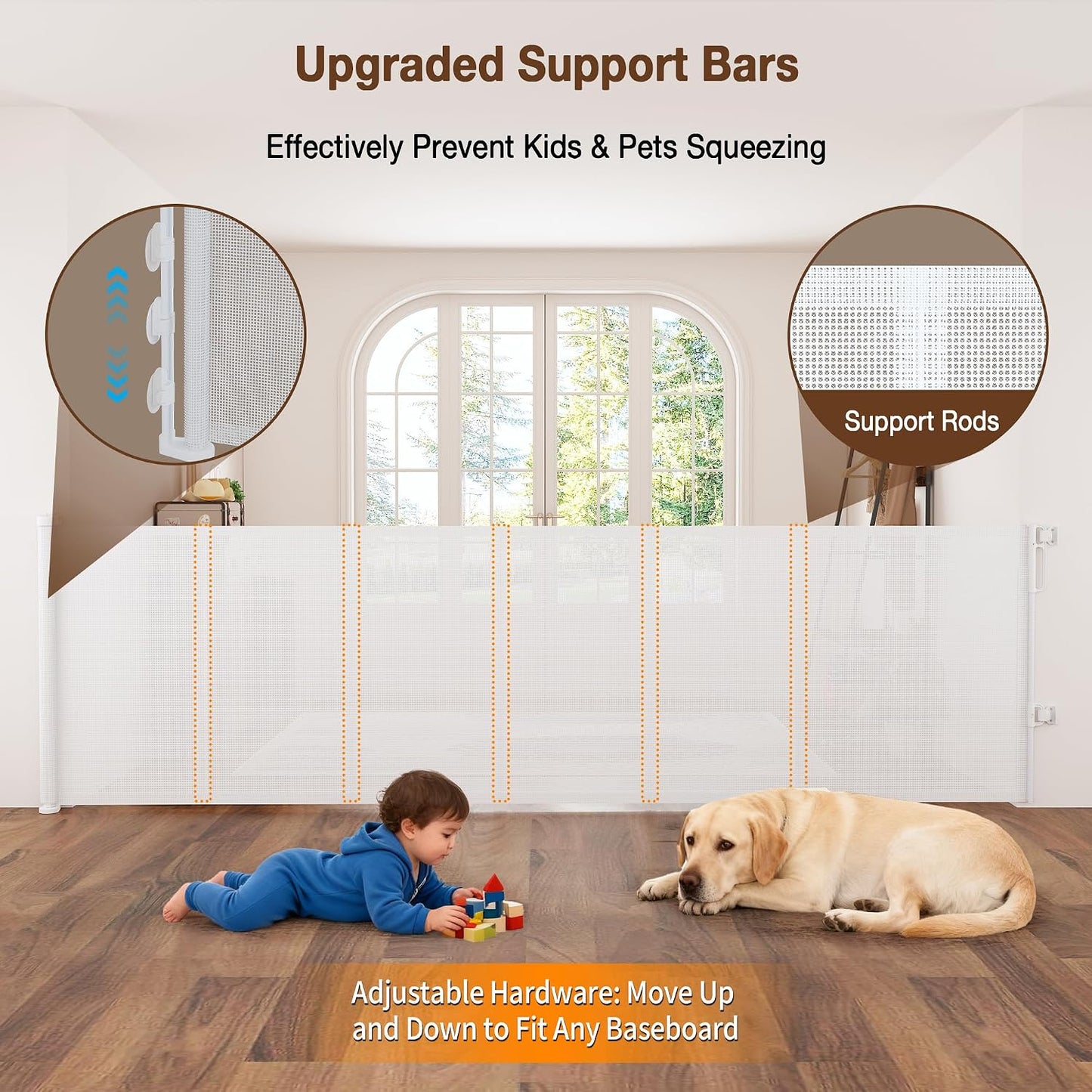 Reinforced 120" Extra Wide Retractable Baby Gates for Stairs, Mesh Saftey Gate for Pets, 10 Foot Retractable Dog Gate, No Drilling, One-Hand Operation, Retractable Gate for Indoor & Outdoor Use