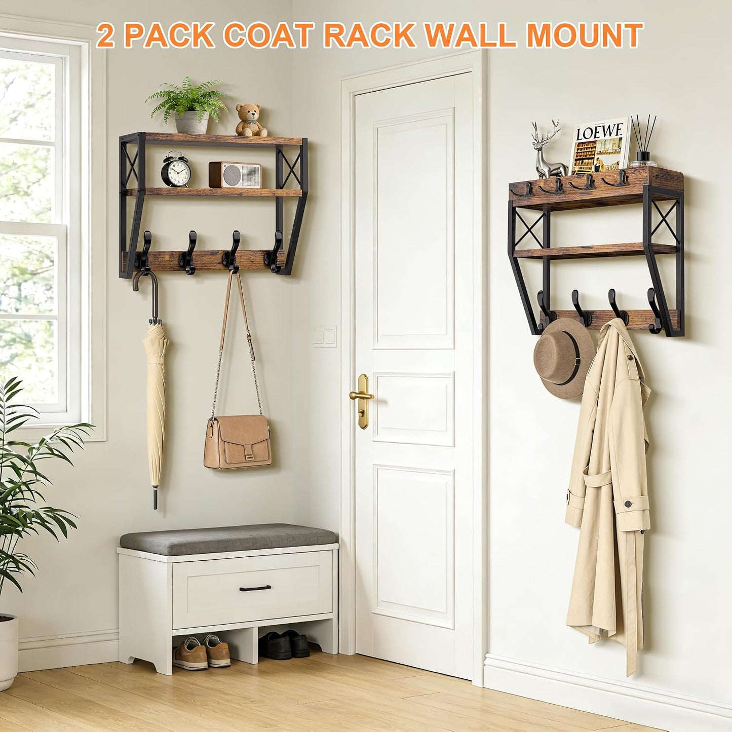 Mail Organizer Wall Mounted, 2 Slots Key Holder for Wall with 8 Hooks, Rustic Wood Key Rack with Shelf for Entryway Hallwall Farmhouse
