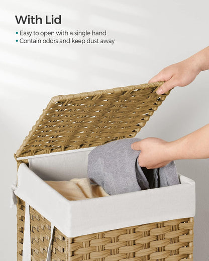 SONGMICS Laundry Hamper with Lid, 23.8 Gallon (90 L) Synthetic Rattan Clothes Laundry Basket with Lid and Handles, Foldable, Removable Liner, Chestnut Brown ULCB051K02
