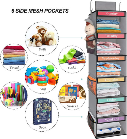 Fixwal 6-Shelf Weekly Clothes Organizer for Kids, Kids Daily Shelf Hanging Closet Organizer with 6 Side Pockets, Days of The Week Hanging Storage Shelves (Pink)