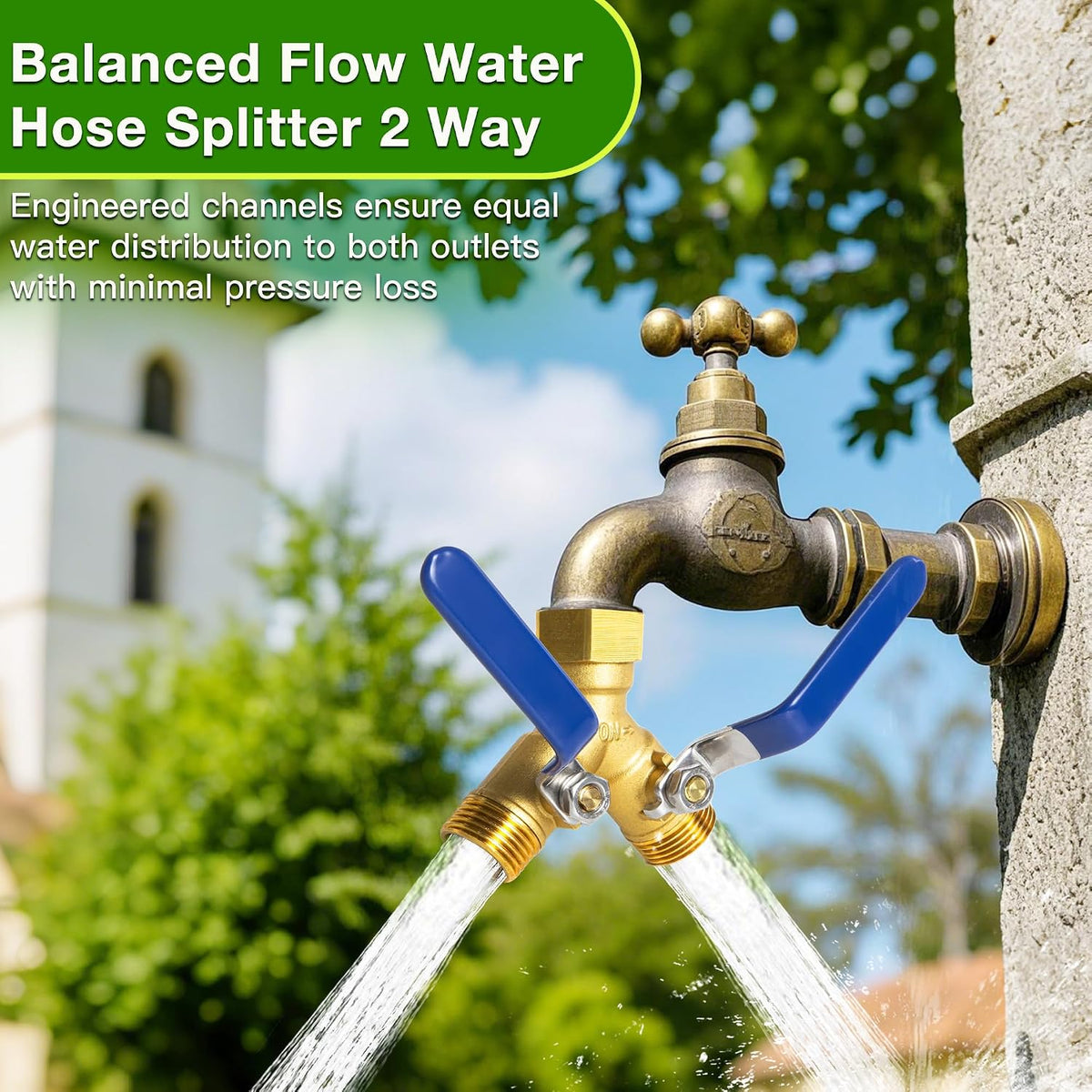 360° Swivel Garden Hose Splitter 2 Way, Solid Brass Water Hose Splitter with Dual Shutoff Valves, 3/4" GHT Thread Leak-Proof Hose Connector for Outdoor Faucet Lawn, Irrigation & Washing