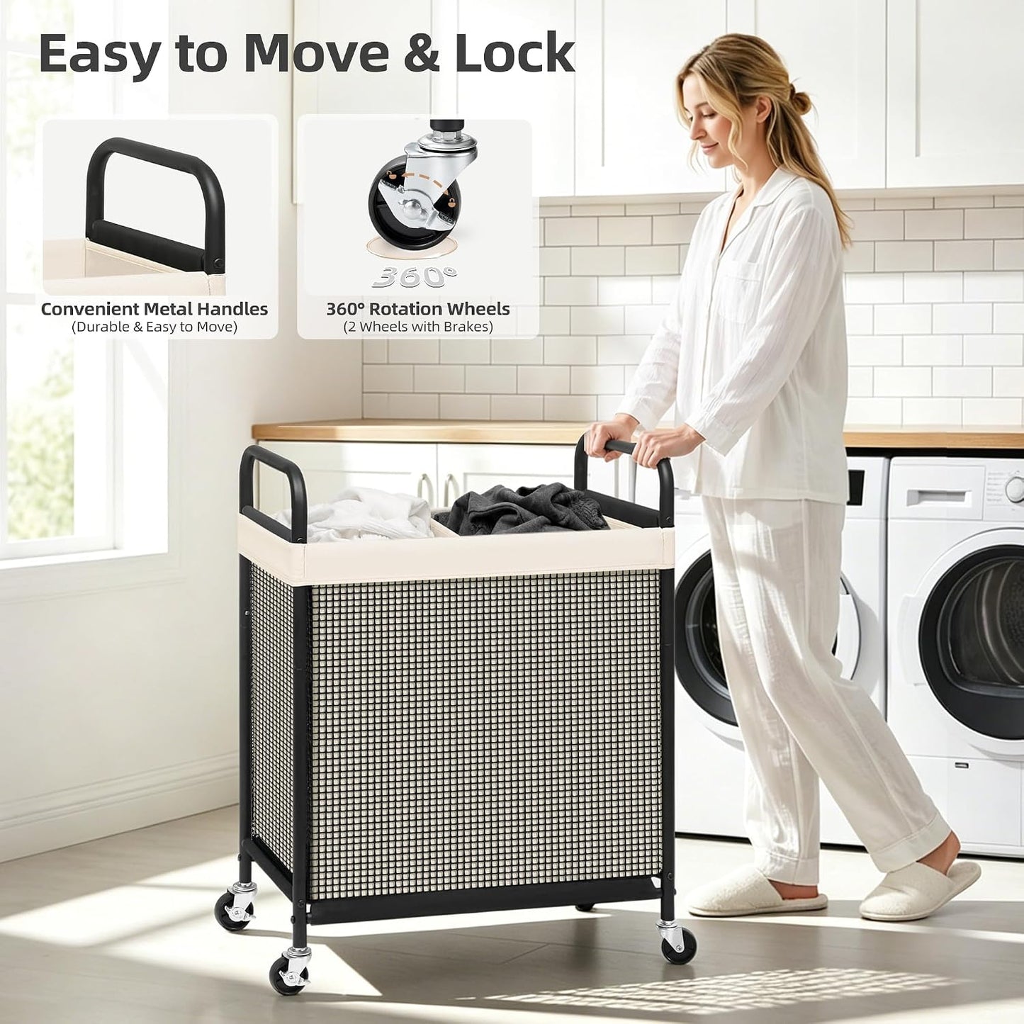 STORAGE MANIAC Rolling Laundry Hamper with Wheels 3-Section Laundry Sorter Rolling Laundrys Basket on Wheels with Removable Bag Clothes Hamper Laundrys Organizer Cart Bathroom Bedroom 120L Beige