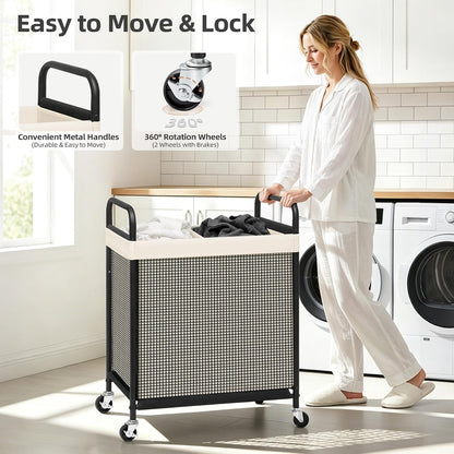 STORAGE MANIAC Rolling Laundry Hamper with Wheels 3-Section Laundry Sorter Rolling Laundrys Basket on Wheels with Removable Bag Clothes Hamper Laundrys Organizer Cart Bathroom Bedroom 120L Beige