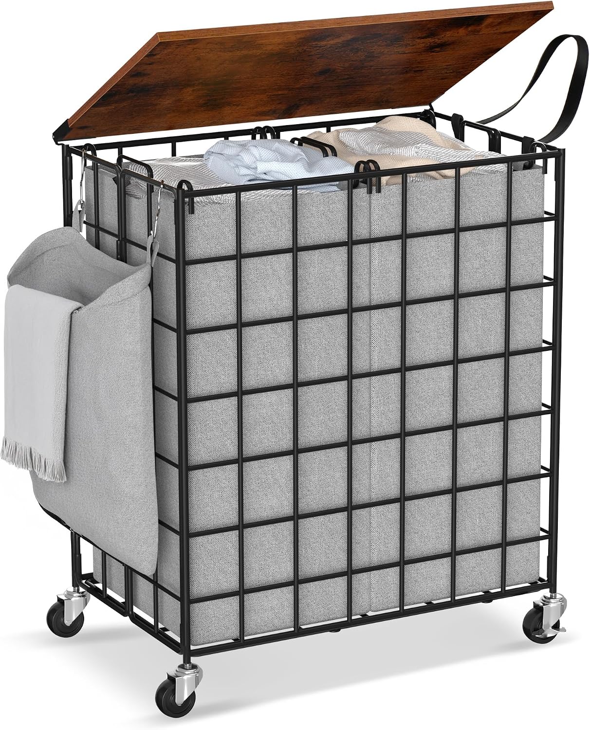 Laundry Basket with Wheels, Heavy Duty Laundry Sorter 2 Sections, 120L (32Gal.) Large Capacity Laundry Hamper with Wood Lid, 360 Rolling Wheels, Extra Side Pocket, Leather Pull Handle, Beige