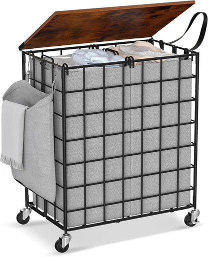 Laundry Basket with Wheels, Heavy Duty Laundry Sorter 2 Sections, 120L (32Gal.) Large Capacity Laundry Hamper with Wood Lid, 360 Rolling Wheels, Extra Side Pocket, Leather Pull Handle, Beige