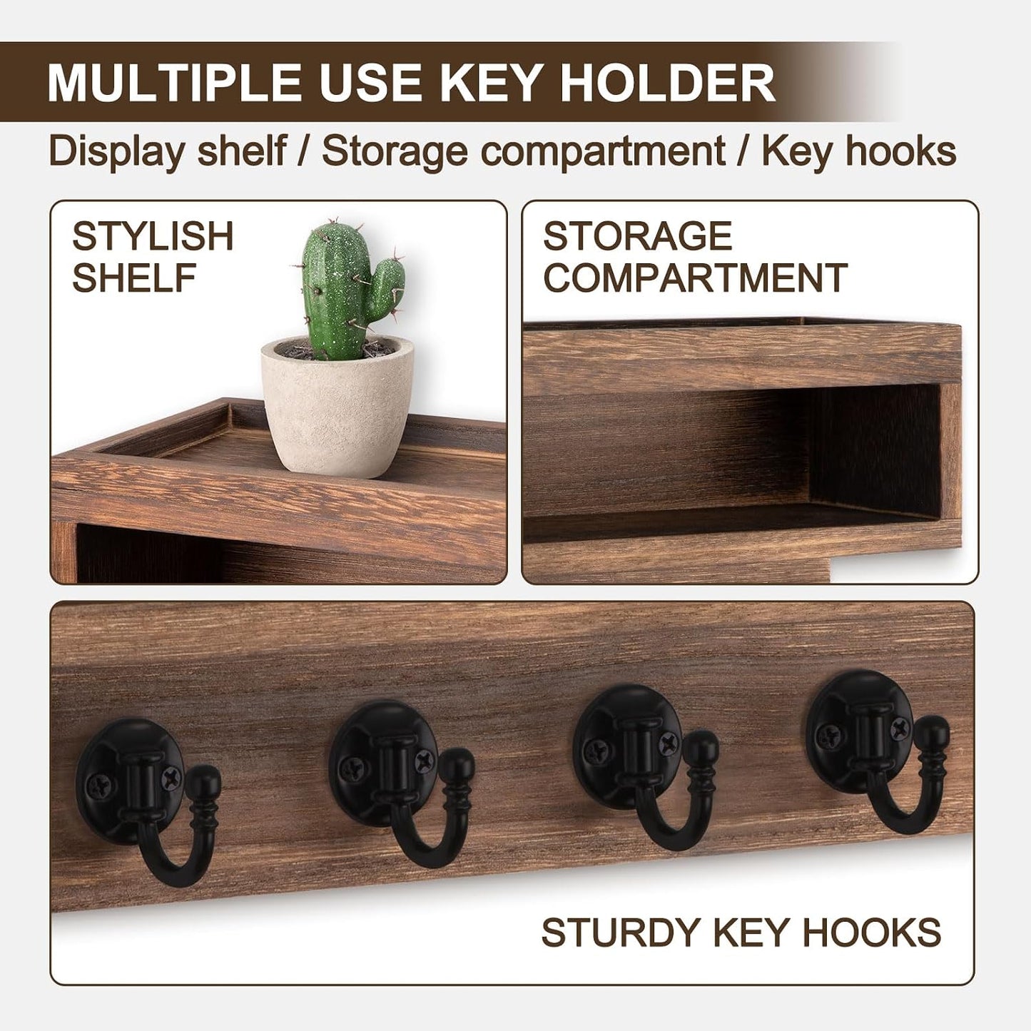 Key and Mail Holder Wall Mount, Key Hanger with Long Storage Box and 6 Hooks for Coat, Dog Leash, Home Decor Rack, House Accessories, Entry Way Organizer (Brown)