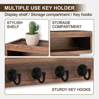 Key and Mail Holder Wall Mount, Key Hanger with Long Storage Box and 6 Hooks for Coat, Dog Leash, Home Decor Rack, House Accessories, Entry Way Organizer (Brown)