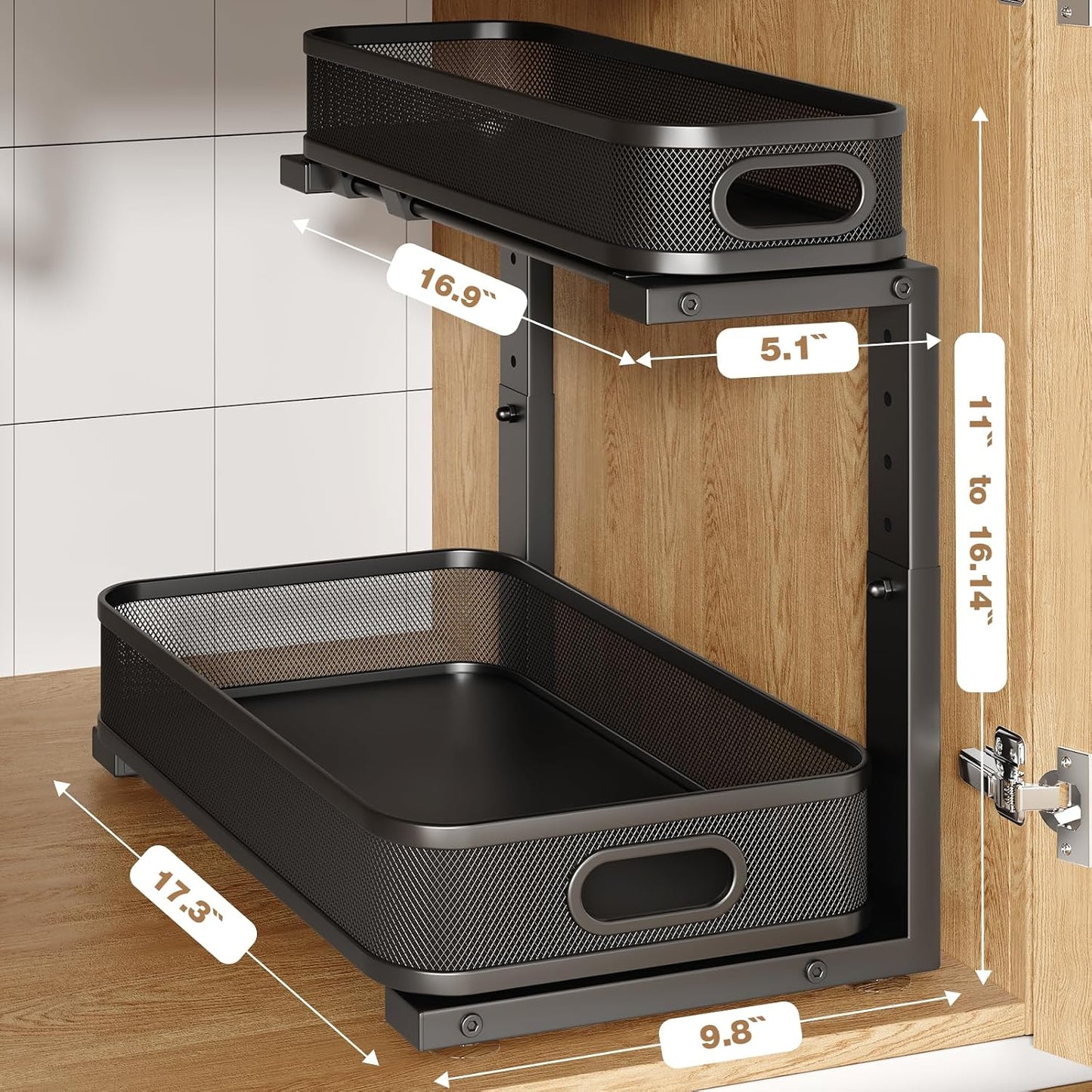 2 Pack Under Sink Organizer With Smooth Cylindrical Rail,2-Tier Pull Out Multi-Purpose Cabinet Storage for Bathroom&Kitchen,Height Adjustable,Rust-resistant Coating-White