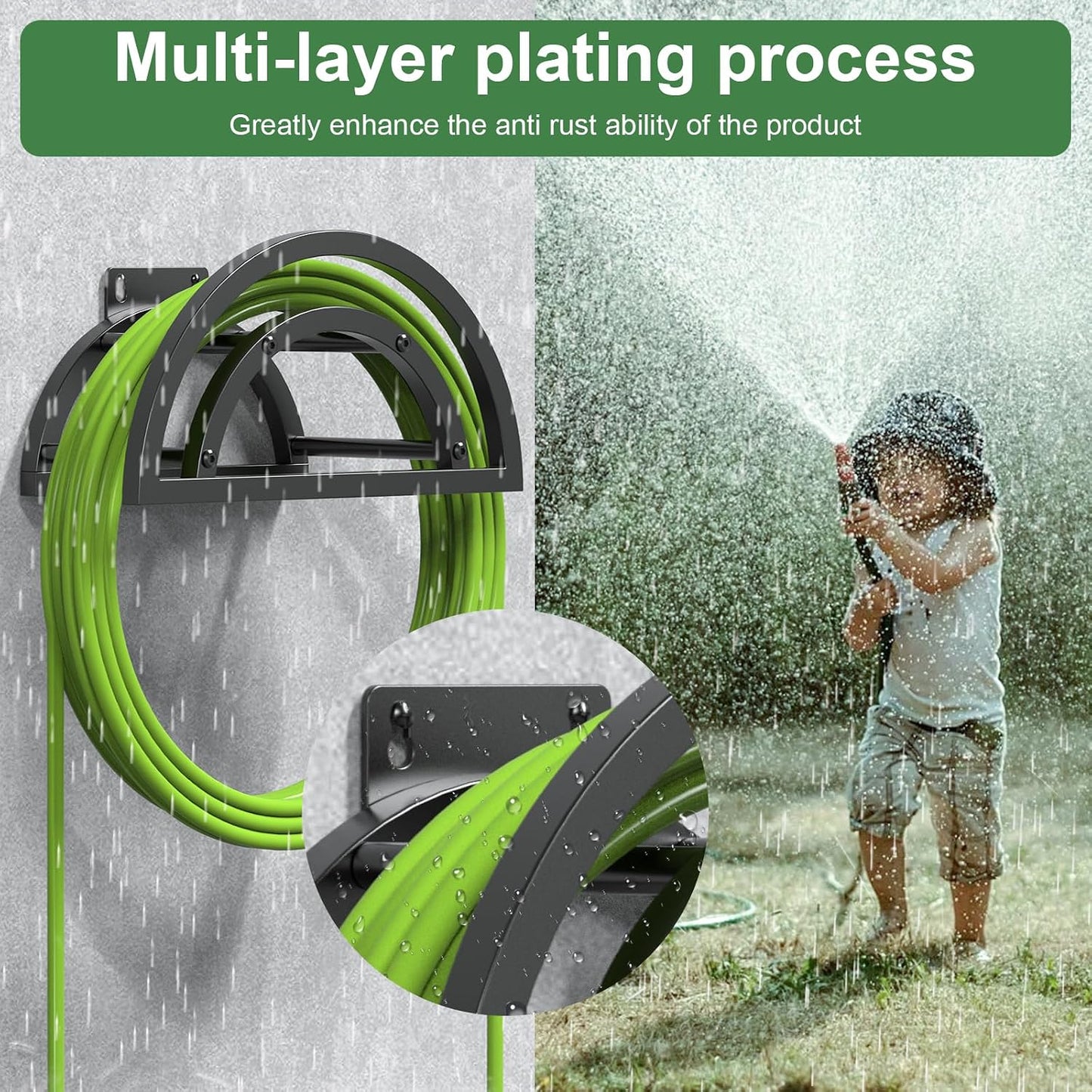 OLV Hose Holder Wall Mount, Outdoor Water Hose Holder Holds 125-ft Hose, Heavy Duty Metal Detachable Hose Hanger Reel Storage Organizer, Hose Rack for Outside Garden Lawn Yard Farm, Black
