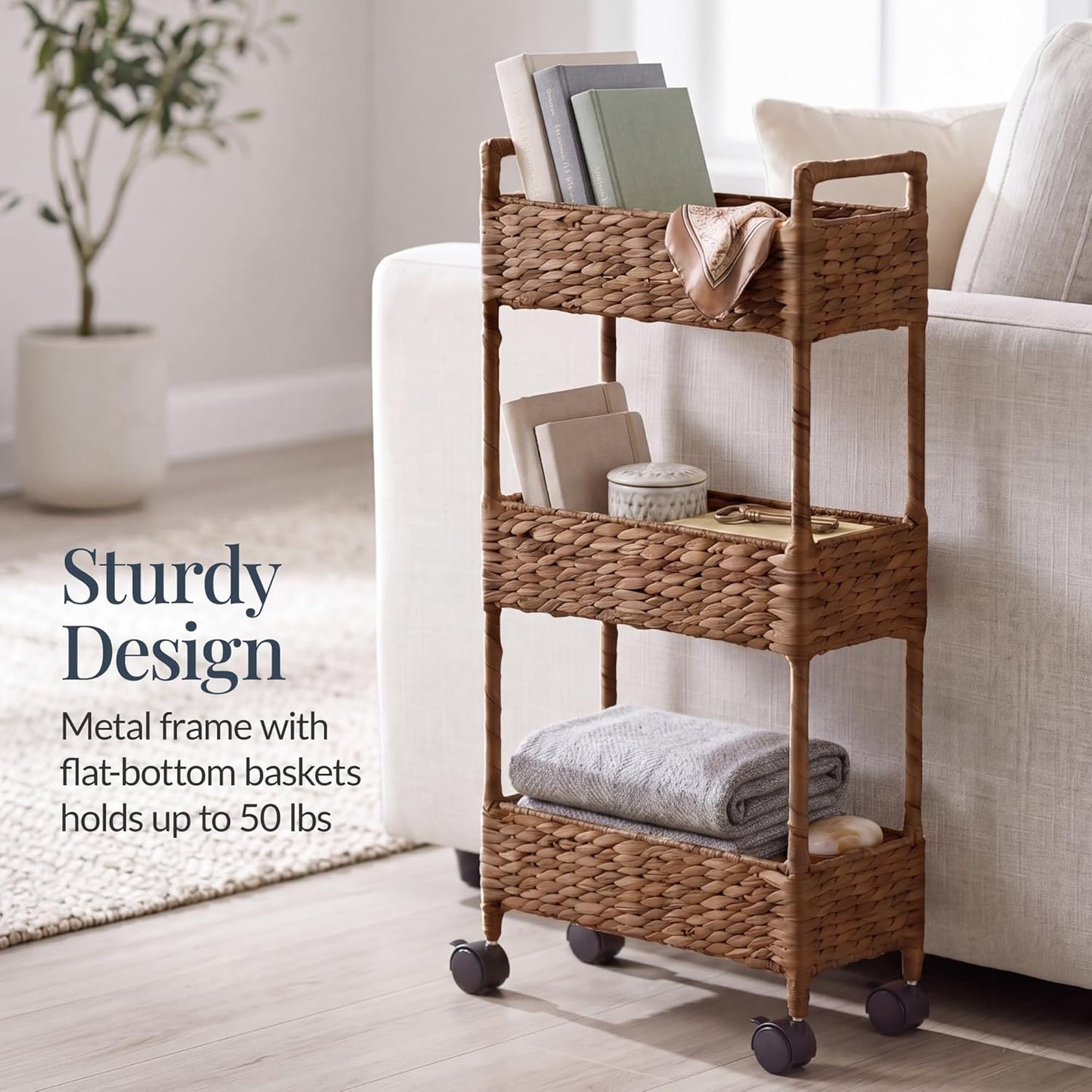 Best Choice Products 3-Tier Slim Water Hyacinth Rolling Nursery Caddy w/Wheels, Handwoven Utility Cart, Narrow Storage Organization for Bathroom, Craft Room, Laundry Room - Natural