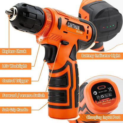 CARTMAN 150PCS 8V Cordless Drill Hand Tool Set, Purple Household Repair Kit | All-Inclusive Tool Assortment With 8V Drill, Great For Home Upkeep, DIY Crafting And Daily Household Fixes