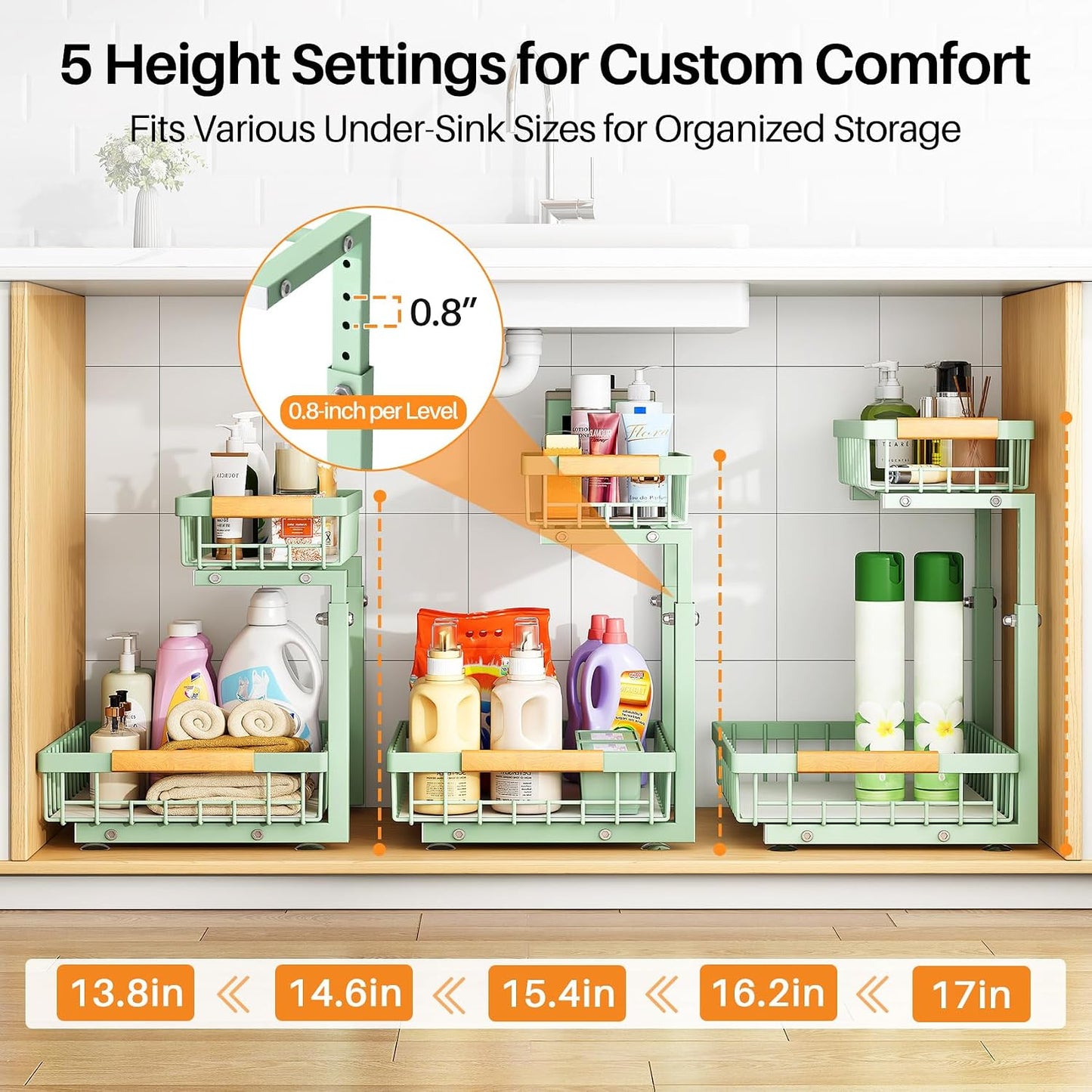 PXRACK Under Sink Organizer, Adjustable Height, 2 Tier Pull Out Under Cabinet Organizer, Slide Out Thickened Metal Under Sink Storage for Kitchen Bathroom Laundry Pantry Cabinet, White, Large-1-Pack