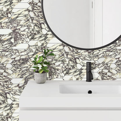 Vamos Tile Glossy Dolomite White Backsplash Tile Peel and Stick, 12.8 x 12.8 Inch 10 Sheets Long Hexagon PVC Self Adhesive Mosaic Wall Tiles Stick on Backsplash for Kitchen and Bathroom