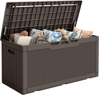 Flamaker Outdoor Storage Box 80 Gallon Resin Waterproof Deck Box Delivery Box with Wood Texture Large Storage Bin for Patio Cushions, (Grey)
