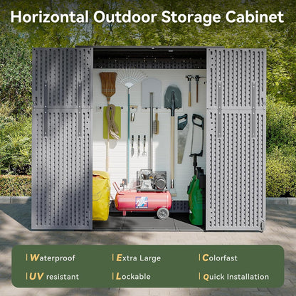 AOXUN Horizontal Storage Sheds 21 Cu.ft, HDPE Outdoor Storage Box 160 Gallon, Waterproof Lockable Resin Deck Box with Spring-Assisted Lid, Patio Storage for Garden, Pool, Cushions, Tools, White