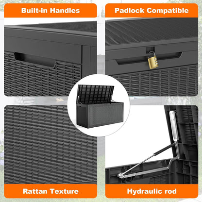 320 Gallon Outdoor Storage Box,Large Waterproof UV Resistant Deck Box,Lockable Storage Container for Patio Furniture Cushions Garden Tools and Pool Accessories(Black)