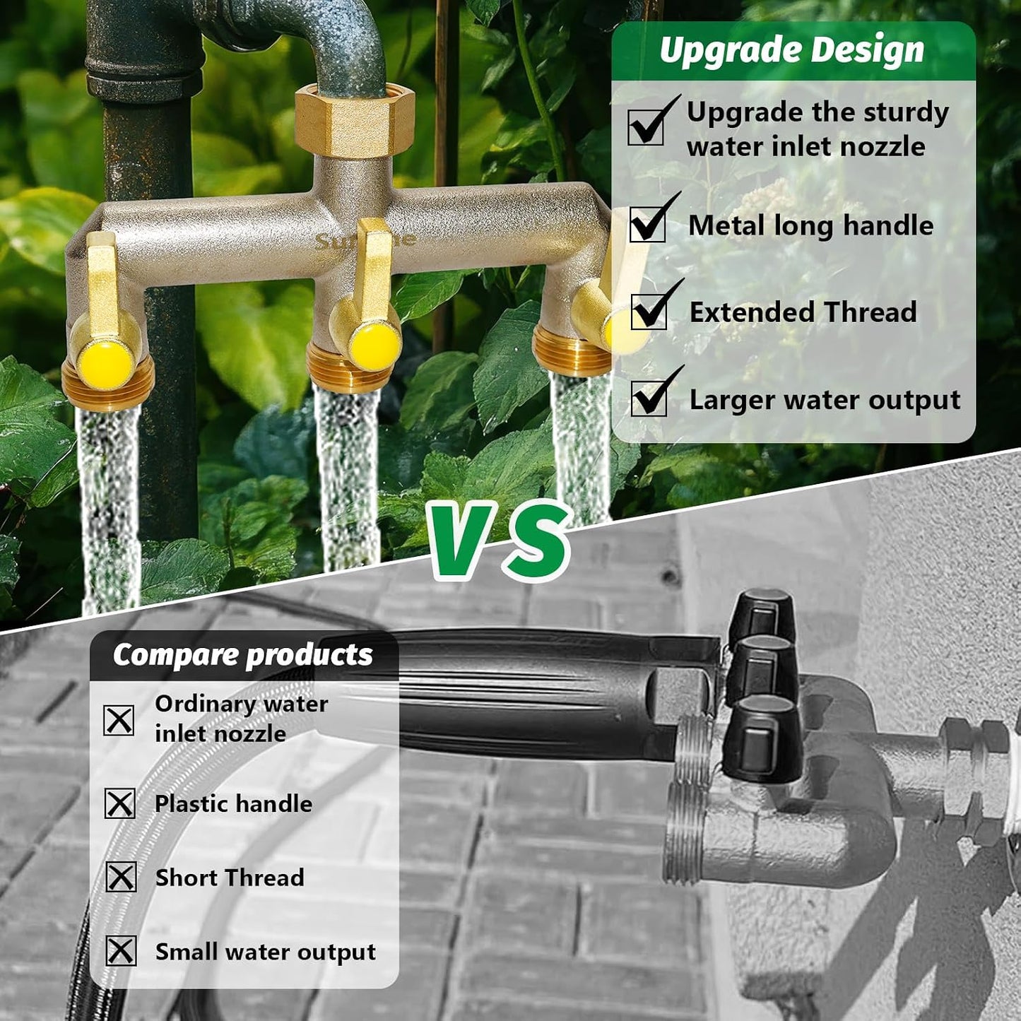 Garden Hose Splitter, Water Hose Splitter 2 Way Heavy Duty Brass Nickel Plated, Extended Metal Handle 3/4-Inch Hose Manifold, Rust and Freeze Resistant High Flow Outdoor Faucet Splitter