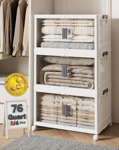 OlarHike 144QT Lockable Storage Bins with Lids - Folding Cabinet with Doors & Wheels, Collapsible Plastic Drawers for Dorm, Closets, Office, Game Day, College, Stackable Organizer, Gifts, 3 Pack