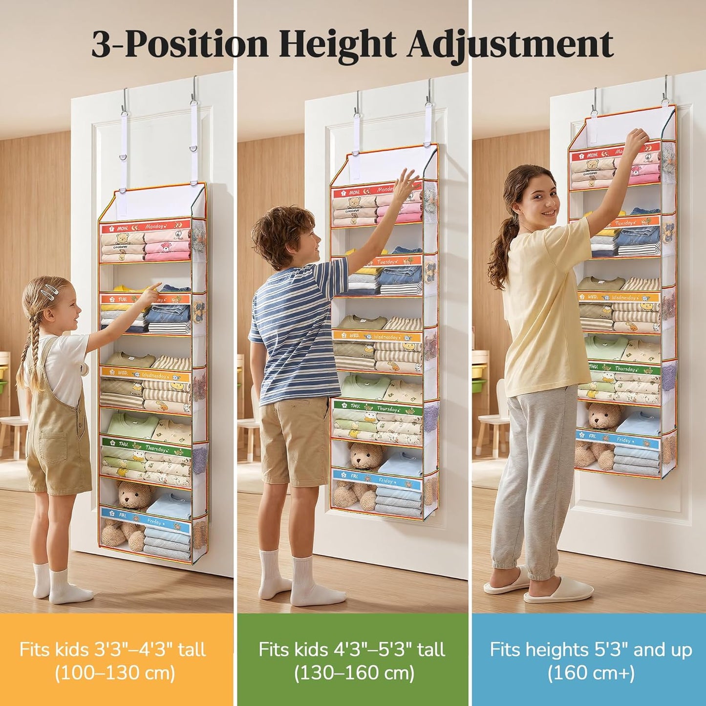 5 Tiers Ultra-thin Over Door Organizer with 10 Mesh Side Pockets, 44 lbs Weight Capacity Hanging Storage Organizer with Clear Window Kids Toys, Shoes, Diapers, White & Grey