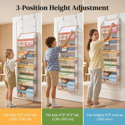 5 Tiers Ultra-thin Over Door Organizer with 10 Mesh Side Pockets, 44 lbs Weight Capacity Hanging Storage Organizer with Clear Window Kids Toys, Shoes, Diapers, White & Grey