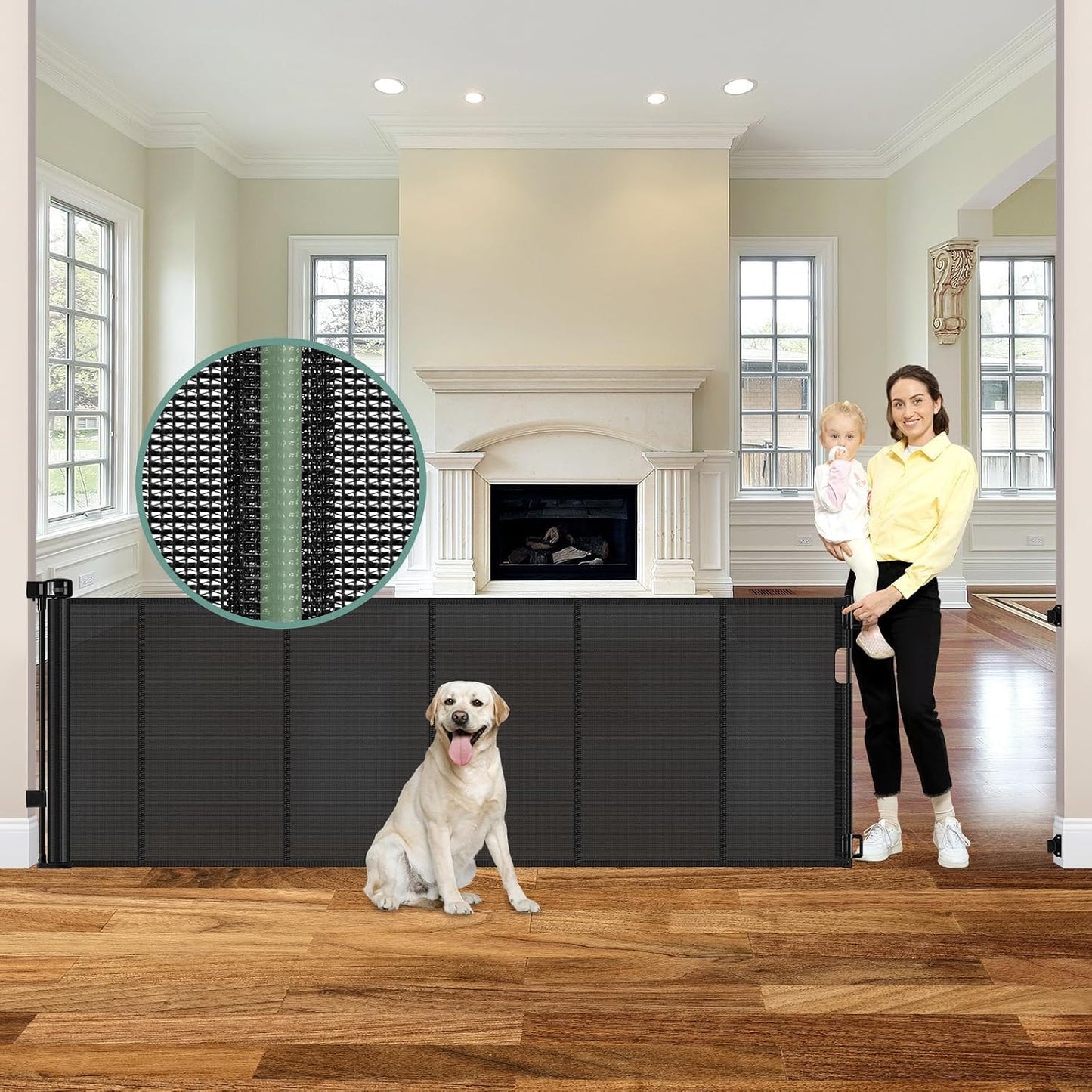 Reinforced 55" Wide Retractable Baby Gates with Reinforced Strips, Indoor/Outdoor Retractable Dog Gate for Doorway Prevent Bottom Drilling Through, No Bottom Bar Safety Mesh Baby Gate for Stair, Black
