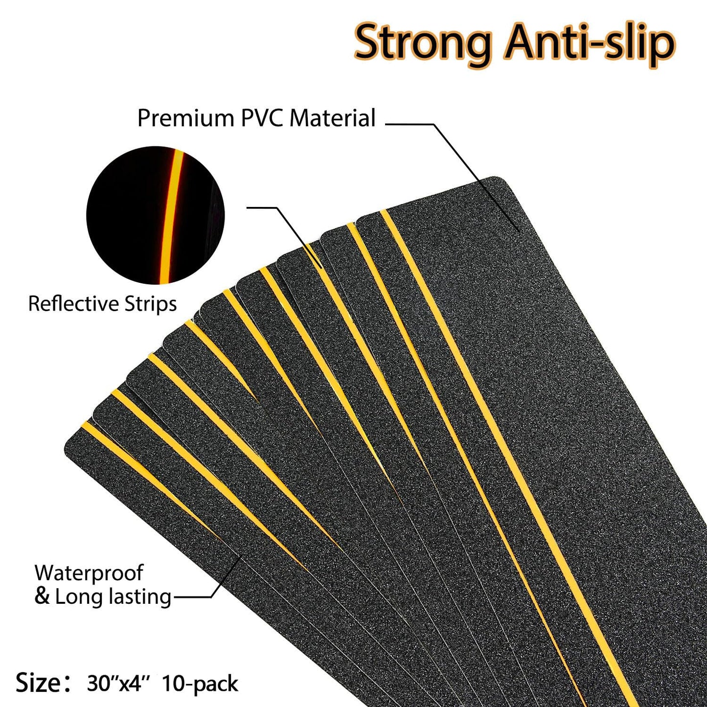 COSIMIXO 4" x 30" 10Pack Anti Slip Stair Tread with Reflective Strips,Best Grip Non Skid Tape,Anti-Skid Tape, High Traction Adhesive for Stairs Step