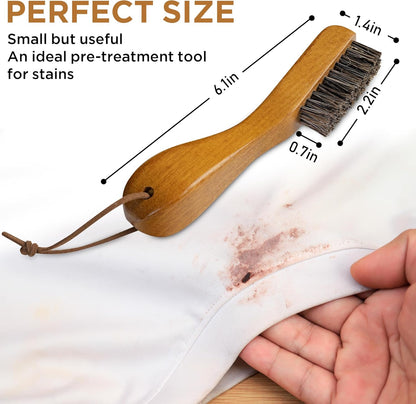 TAKAVU Laundry Stain Brush, Natural Black Boar Bristle, Safe on Delicates | Clothes Cleaning Scrubber, Stain Remover for Shirts, Collars, Cuffs & Shoes, Curved Beech Wood Handle with Hanging Loop