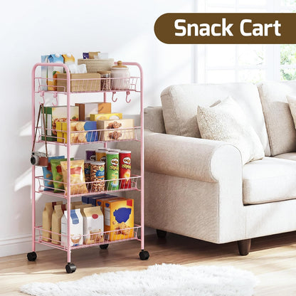 PLKOW 4-Tier Metal Rolling Utility Cart, Multi-Functional Storage Cart for Office, Living Room, Kitchen, Bathroom, Lightweight Organizer Cart with Wheels, White